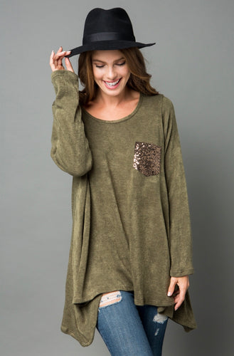 Olive Glitter Pocket Knit Top