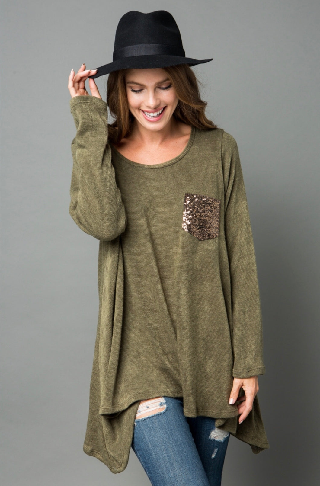 Olive Glitter Pocket Knit Top