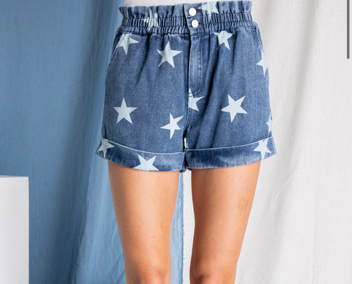 Star Print  Paper Bag Denim Shorts