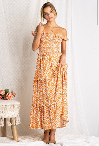 Tangerine Floral Dream Off the Shoulder Dress