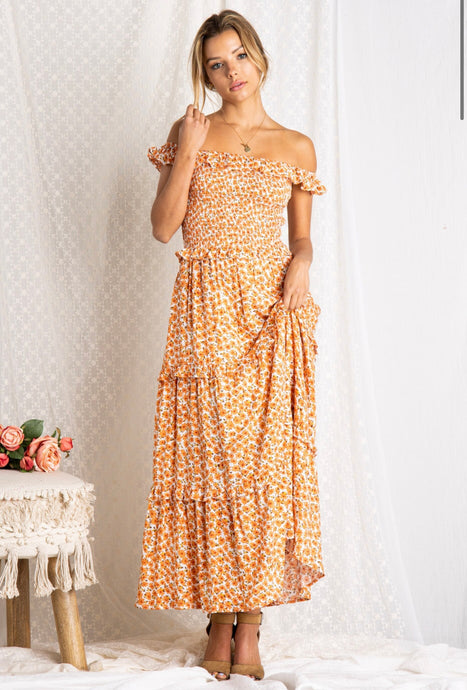 Tangerine Floral Dream Off the Shoulder Dress